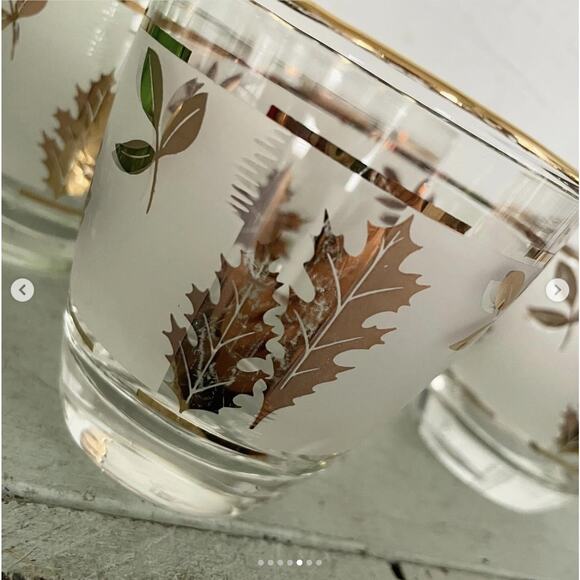 Vintage Drinking Glass Low Ball Frosted Gold MCM Barware Leaf Libbey Set 3 - Picture 4 of 7